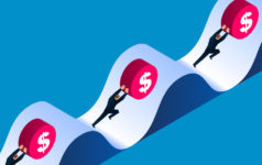 Illustration of businessmen pushing coins up and down slopes