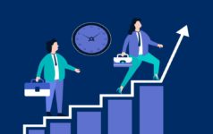 Opportunistic credit is moving up the priority list Illustration of two professionals going up stairs.