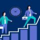 Opportunistic credit is moving up the priority list Illustration of two professionals going up stairs.