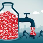 dollars in a class jar coming out of a tap