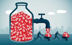 dollars in a class jar coming out of a tap