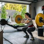Photo of a fit woman performing a front squat with a heavy barbell in her home garage gym during covid-19 pandemic. Woman lifting a barbel and performing heavy powerlifting exercises. Power clean exercise. Focusing on core strength improvement.