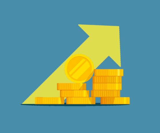 Illustration of an upward-pointing arrow behind a pile of gold coins. source