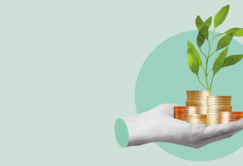 A severed hand holds several stacks of coins from which a green shoot sprouts