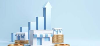 Photo of store fronts with gold coins and arrows pointing upward behind the buildings.