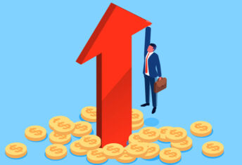 A giant red arrow lurches skyward as a man in a suit with a briefcase holds onwith one hand and dangles above the ground, which is strewn with dollar coins