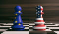 USA and EU cooperation concept. US America and European Union flags on chess pawns soldiers on a chessboard. 3d illustration