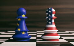 Europe falls flat in fundraising USA and EU cooperation concept. US America and European Union flags on chess pawns soldiers on a chessboard. 3d illustration