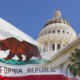 Photo of a faded California state flag laid over the California Capitol.