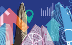 Brookfield’s Oaktree deal shows real estate private credit growth potential Tall skyscrapers in duotone shades overlaid with arrows pointing up and charts displaying growth