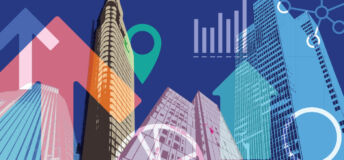 Tall skyscrapers in duotone shades overlaid with arrows pointing up and charts displaying growth