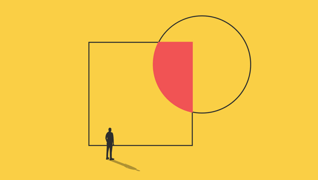 T5_yellow square and circle a silhouette of a person stands before a giant square that is overlapped by a circle, their overlap coloured in red