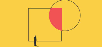 a silhouette of a person stands before a giant square that is overlapped by a circle, their overlap coloured in red