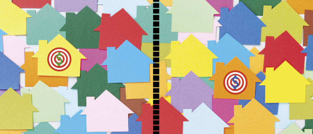 Illustrated photo of colorful houses laid over other houses, representing the real estate and housing sectors.