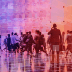 A crowd of people in a futuristic place, with one person in the foreground on the phone, for the Democratisation & Transparency theme in Private Markets 2030