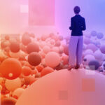 Woman standing on a sphere amid a multitude of other spheres, for the Private MArkets 2030 Industry Consolidation theme