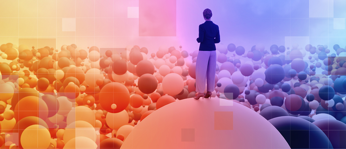 Woman standing on a sphere amid a multitude of other spheres, for the Private MArkets 2030 Industry Consolidation theme