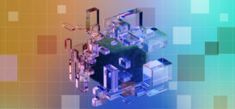 Floating translucent boxes isometrically arranged around a cube of grass, for the Private Markets 2030 Sustainability theme