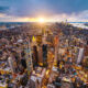 Aerial photo of New York City at sunset.