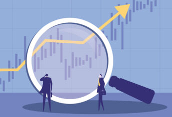 Two businessmen using a magnifying glass to observe market trends.