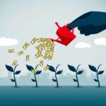 Illustration of concept of growing new businesses. grow, sprout, emerging manager, new fund, sprouts, shoots, money, rain
