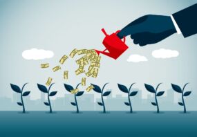 Illustration of concept of growing new businesses. grow, sprout, emerging manager, new fund, sprouts, shoots, money, rain