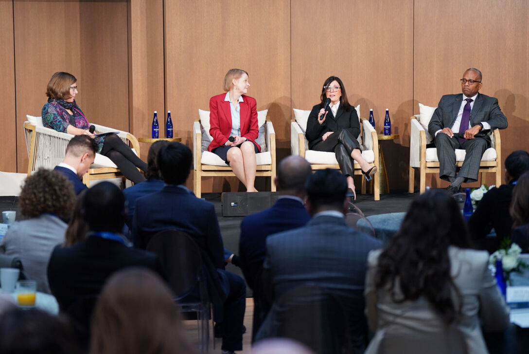 Milken Institute’s Victoria Barbary moderates a panel featuring [left to right] Anne-Marie Fink of the State of Wisconsin Investment Board, Ann-Marie Griffith of APG Asset Management US and Timothy Reese of the Pennsylvania Municipal Retirement System at Future of Finance 2026. Credit: Milken Institute