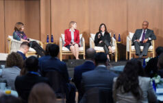 Milken Institute’s Victoria Barbary moderates a panel featuring [left to right] Anne-Marie Fink of the State of Wisconsin Investment Board, Ann-Marie Griffith of APG Asset Management US and Timothy Reese of the Pennsylvania Municipal Retirement System at Future of Finance 2026. Credit: Milken Institute