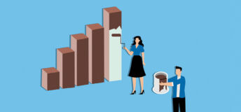 man woman painting bar chart brown blue background
