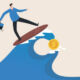 A man stands on a surfboard surfing a wave that has money in it