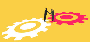 Illustration of two business people shaking hands while standing on different cogs.