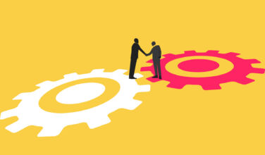 Illustration of two business people shaking hands while standing on different cogs.