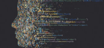 A human face made up of computer code