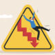 A yellow hazard sign shows a man falling down stairs