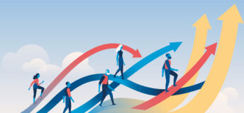 People walk on upwards pointing arrows