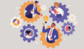 Illustration of businessmen and businessmen inside connected cogs