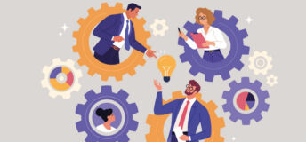 Illustration of businessmen and businessmen inside connected cogs
