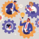 Illustration of businessmen and businessmen inside connected cogs