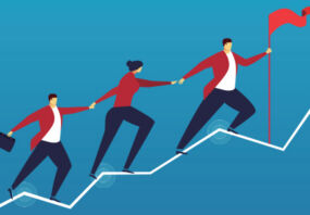 Figures climbing a graph with an arrow at one end, ready to plant a flag
