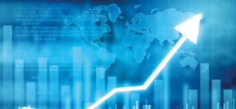 A glowing arrow points upwards in front of a bar chart, signalling growth