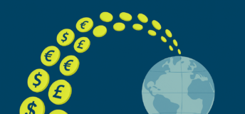 Image of coins with different currencies going towards the Earth.