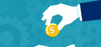Businessman gives man a gold coin. Transfer of cash from hand to hand. Financial concept of borrowing money