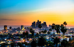 Los Angeles California Skyline with Palm Trees at Sunset