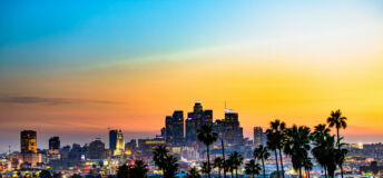Los Angeles California Skyline with Palm Trees at Sunset