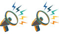 An illustration of two megaphones side by side with soundwaves coming from their speakers