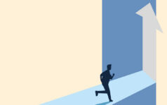 Figure running towards an upward arrow