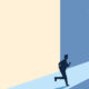 Figure running towards an upward arrow