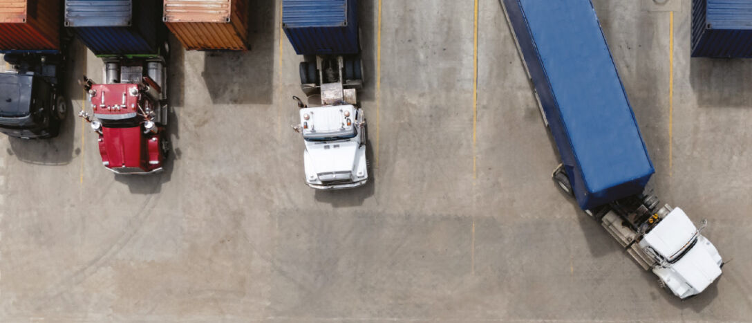 An aerial photo of lorries parked in a car park