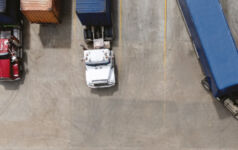 An aerial photo of lorries parked in a car park