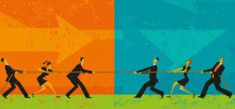 6 businessmen play tug of war with a large rope